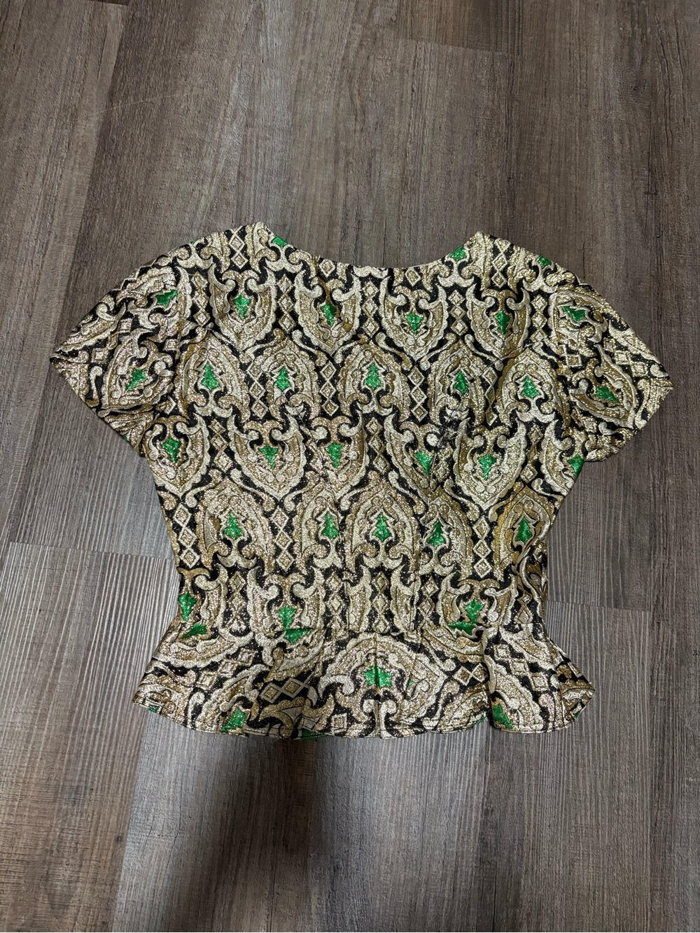 Vintage Short Sleeve Peplum Top - Green, Gold & Black - Picture 6 of 6